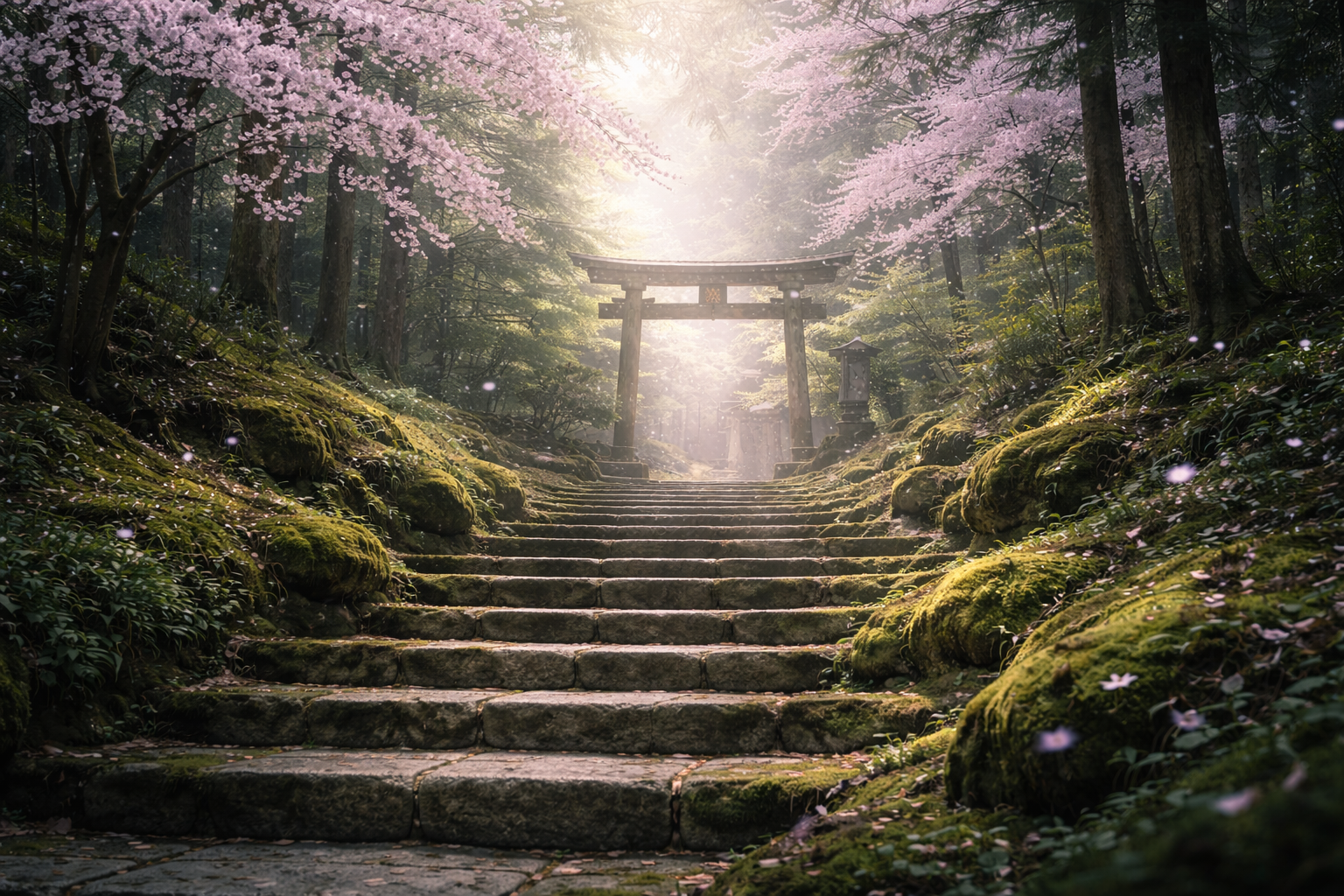 An ancient cherry blossom tree with moss and digital particles